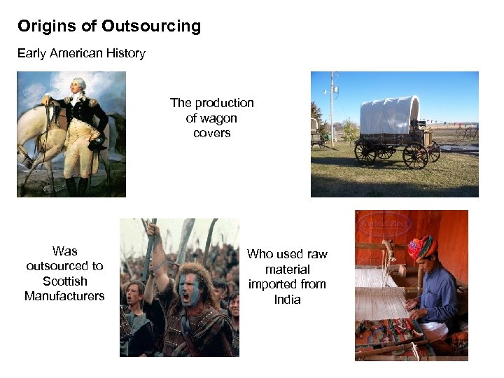 Origins of Outsourcing Early American History The production of wagon covers Was outsourced to