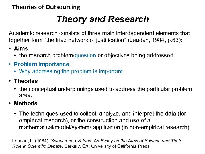 Theories of Outsourcing Theory and Research Academic research consists of three main interdependent elements