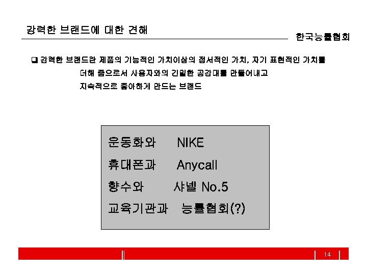 강력한 브랜드에 대한 견해 한국능률협회 강력한 브랜드란 제품의 기능적인 가치이상의 정서적인 가치, 자기 표현적인