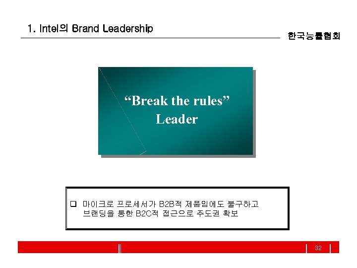 1. Intel의 Brand Leadership 한국능률협회 “Break the rules” Leader q 마이크로 프로세서가 B 2