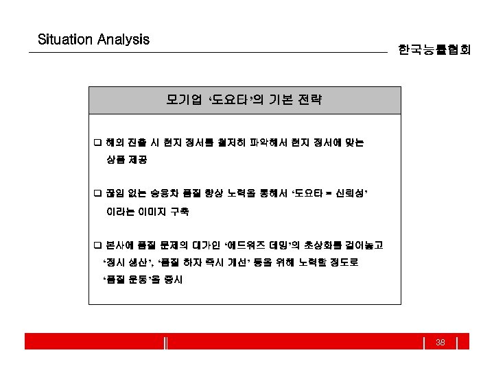 Situation Analysis 한국능률협회 모기업 ‘도요타’의 기본 전략 q 해외 진출 시 현지 정서를 철저히