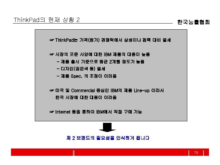 Think. Pad의 현재 상황 2 한국능률협회 ☞ Think. Pad는 가격(원가) 경쟁력에서 삼성이나 컴팩 대비