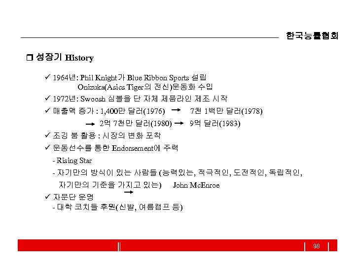 한국능률협회 r 성장기 History ü 1964년: Phil Knight가 Blue Ribbon Sports 설립 Onizuka(Asics Tiger의