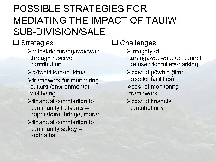 POSSIBLE STRATEGIES FOR MEDIATING THE IMPACT OF TAUIWI SUB-DIVISION/SALE Strategies reinstate turangawaewae through reserve