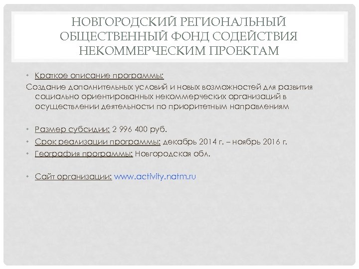 НОВГОРОДСКИЙ РЕГИОНАЛЬНЫЙ ОБЩЕСТВЕННЫЙ ФОНД СОДЕЙСТВИЯ НЕКОММЕРЧЕСКИМ ПРОЕКТАМ • Краткое описание программы: Создание дополнительных условий