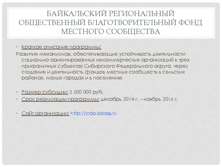 БАЙКАЛЬСКИЙ РЕГИОНАЛЬНЫЙ ОБЩЕСТВЕННЫЙ БЛАГОТВОРИТЕЛЬНЫЙ ФОНД МЕСТНОГО СООБЩЕСТВА • Краткое описание программы: Развитие механизмов, обеспечивающих