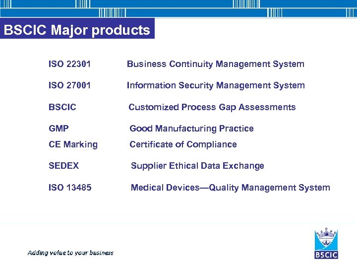 BSCIC Major products ISO 22301 Business Continuity Management System ISO 27001 Information Security Management