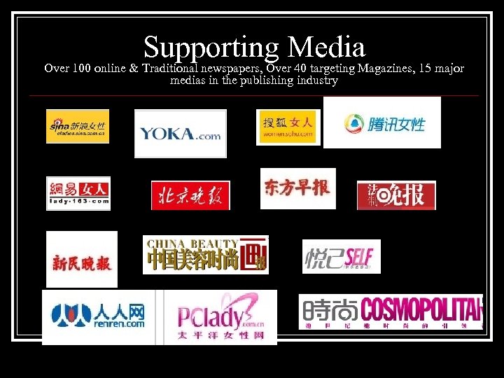 Supporting Media Over 100 online & Traditional newspapers, Over 40 targeting Magazines, 15 major