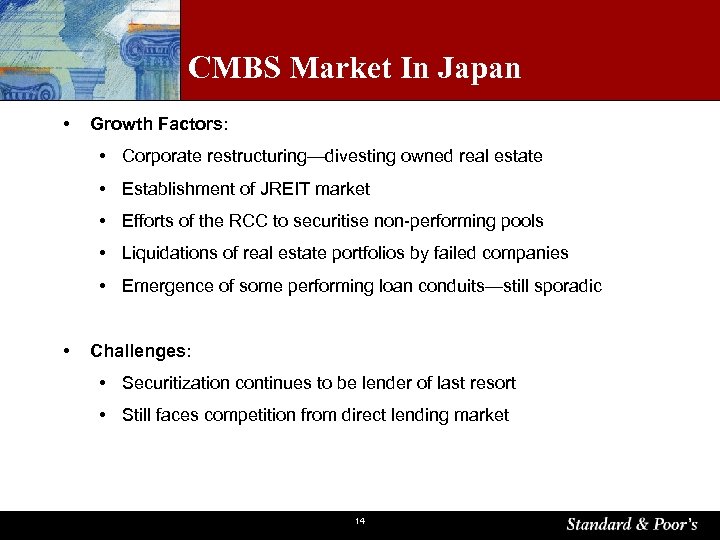 CMBS Market In Japan • Growth Factors: • Corporate restructuring—divesting owned real estate •