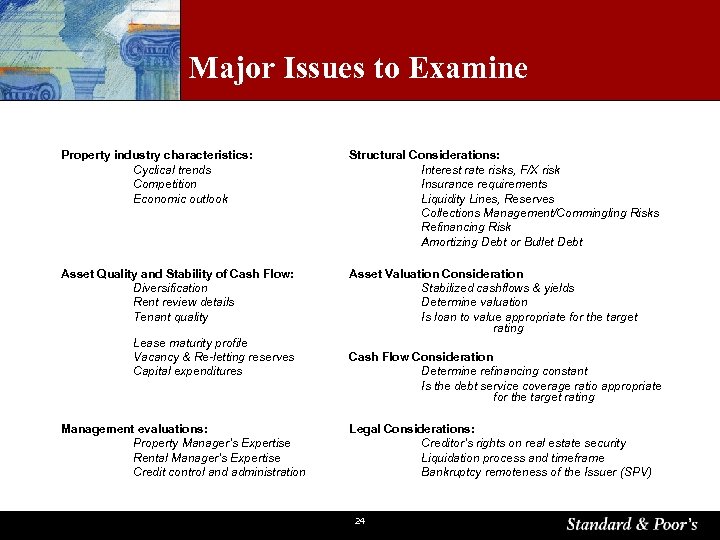 Major Issues to Examine Property industry characteristics: Cyclical trends Competition Economic outlook Structural Considerations: