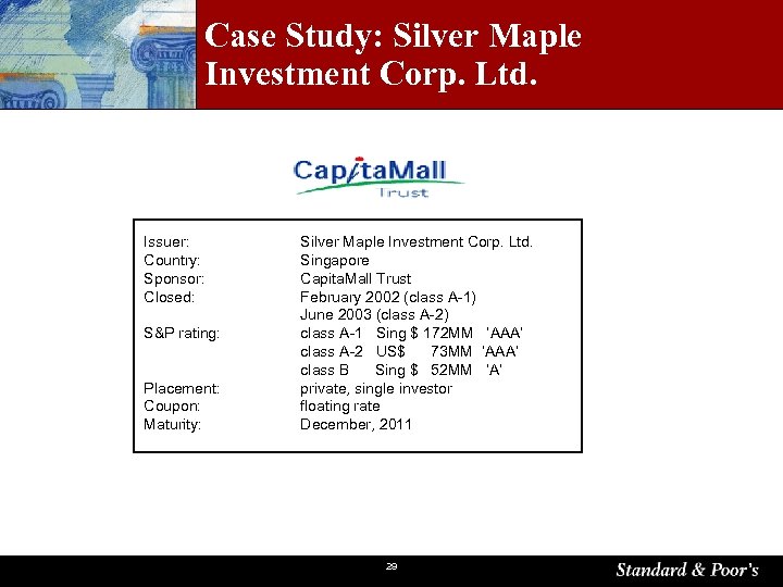 Case Study: Silver Maple Investment Corp. Ltd. Issuer: Country: Sponsor: Closed: S&P rating: Placement: