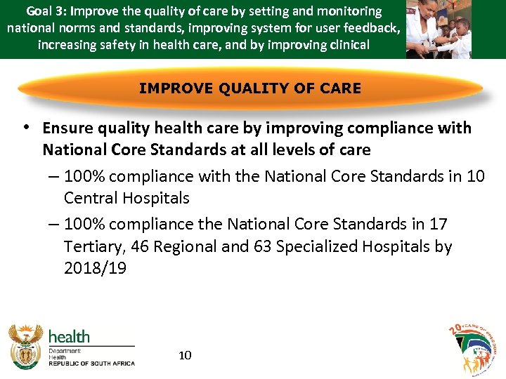 Goal 3: Improve the quality of care by setting and monitoring national norms and