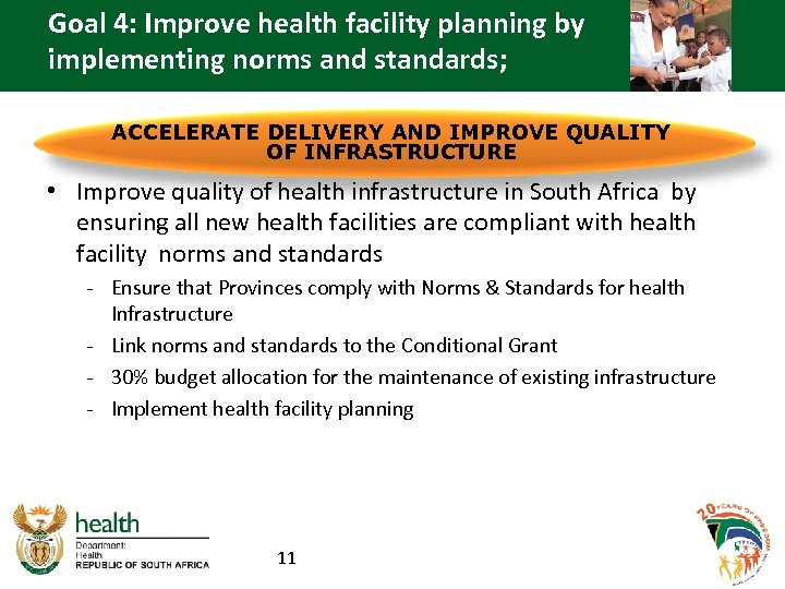 Goal 4: Improve health facility planning by implementing norms and standards; ACCELERATE DELIVERY AND