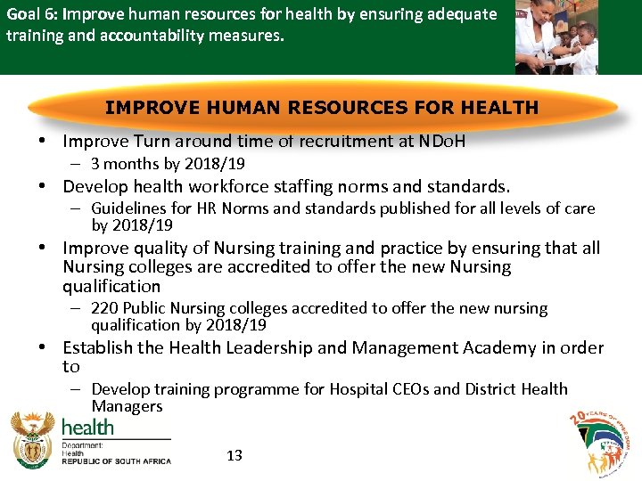 Goal 6: Improve human resources for health by ensuring adequate training and accountability measures.