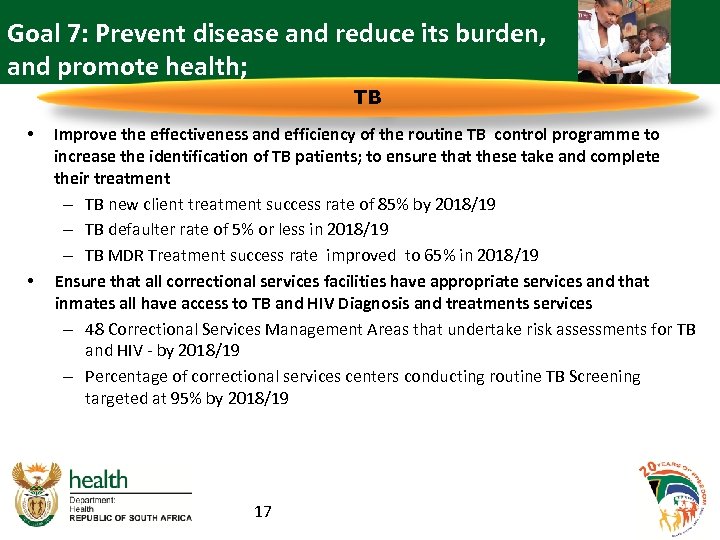 Goal 7: Prevent disease and reduce its burden, and promote health; TB • •