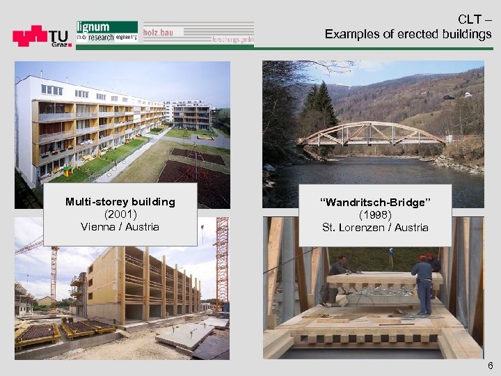 CLT – Examples of erected buildings Multi-storey building (2001) Vienna / Austria “Wandritsch-Bridge” (1998)