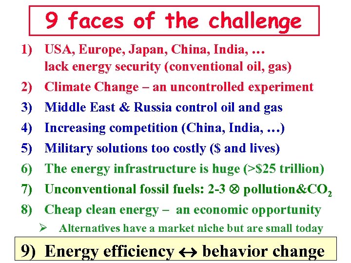 9 faces of the challenge 1) USA, Europe, Japan, China, India, … lack energy