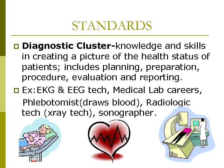 STANDARDS Diagnostic Cluster-knowledge and skills in creating a picture of the health status of