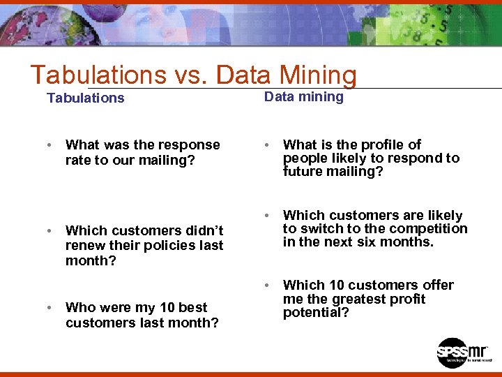 Tabulations vs. Data Mining Tabulations Data mining • What is the profile of people