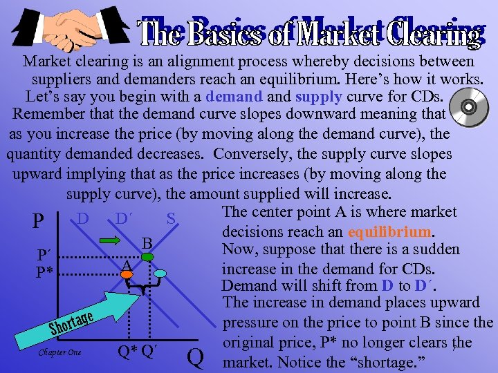 Market clearing is an alignment process whereby decisions between suppliers and demanders reach an