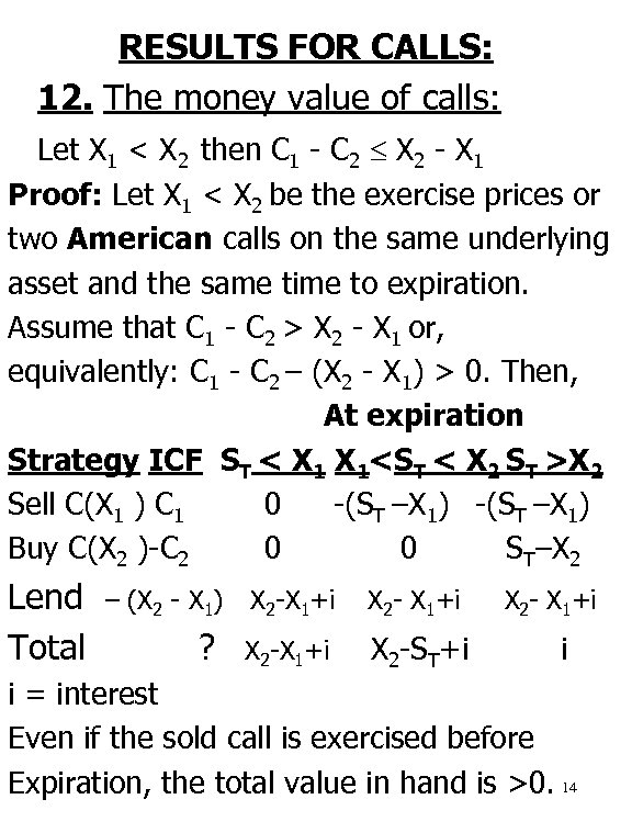 RESULTS FOR CALLS: 12. The money value of calls: Let X 1 < X