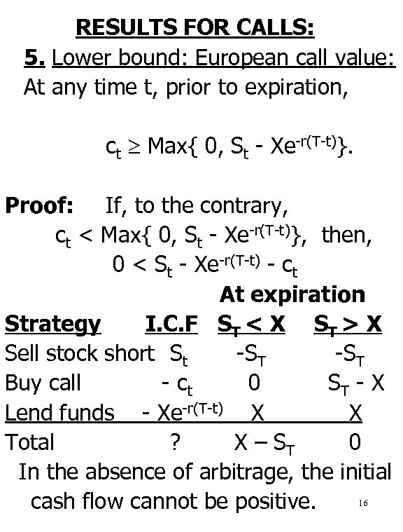 RESULTS FOR CALLS: 5. Lower bound: European call value: At any time t, prior