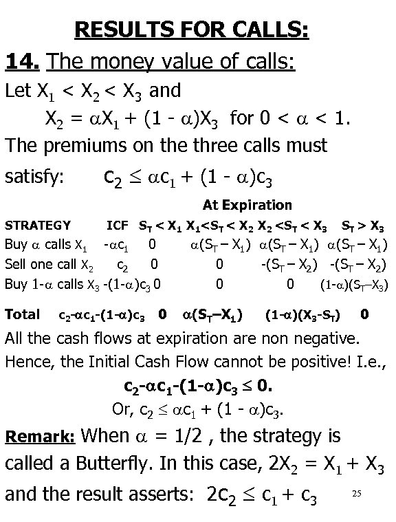 RESULTS FOR CALLS: 14. The money value of calls: Let X 1 < X