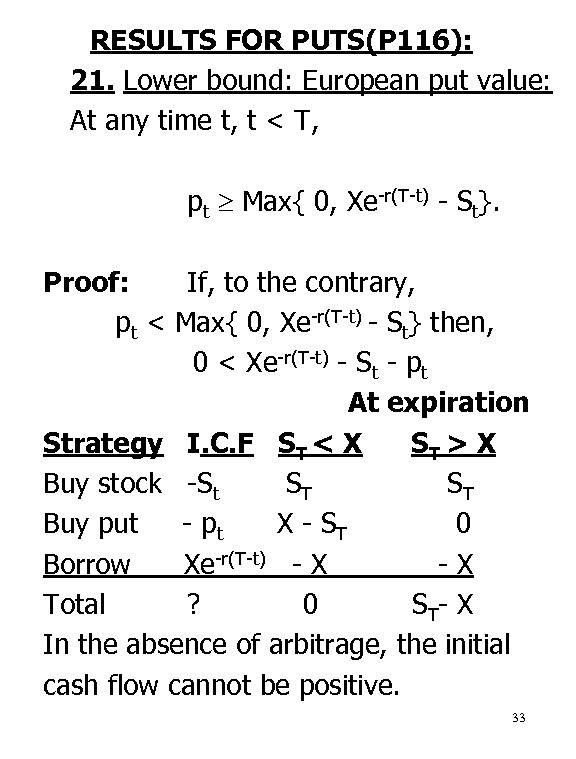 RESULTS FOR PUTS(P 116): 21. Lower bound: European put value: At any time t,