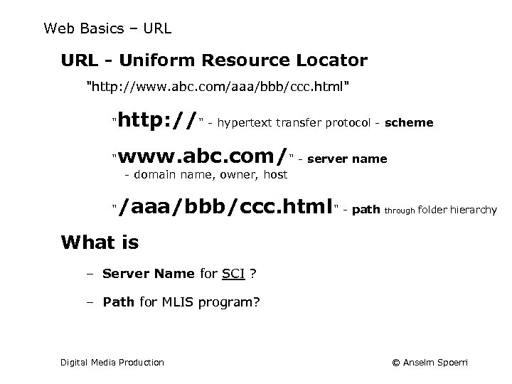 Web Basics – URL - Uniform Resource Locator "http: //www. abc. com/aaa/bbb/ccc. html" "