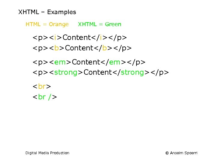 XHTML – Examples HTML = Orange XHTML = Green <p><i>Content</i></p> <p><b>Content</b></p> <p><em>Content</em></p> <p><strong>Content</strong></p> Digital