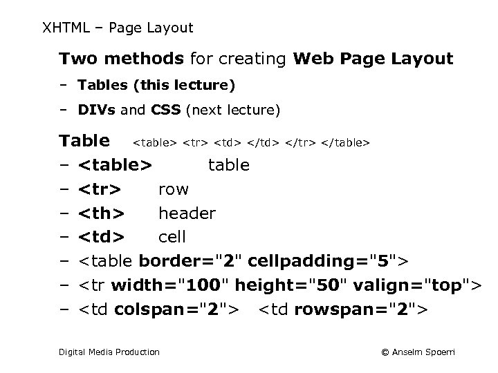 XHTML – Page Layout Two methods for creating Web Page Layout ‒ Tables (this