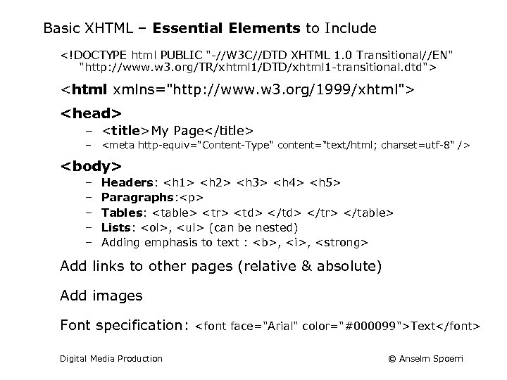 Basic XHTML – Essential Elements to Include <!DOCTYPE html PUBLIC "-//W 3 C//DTD XHTML