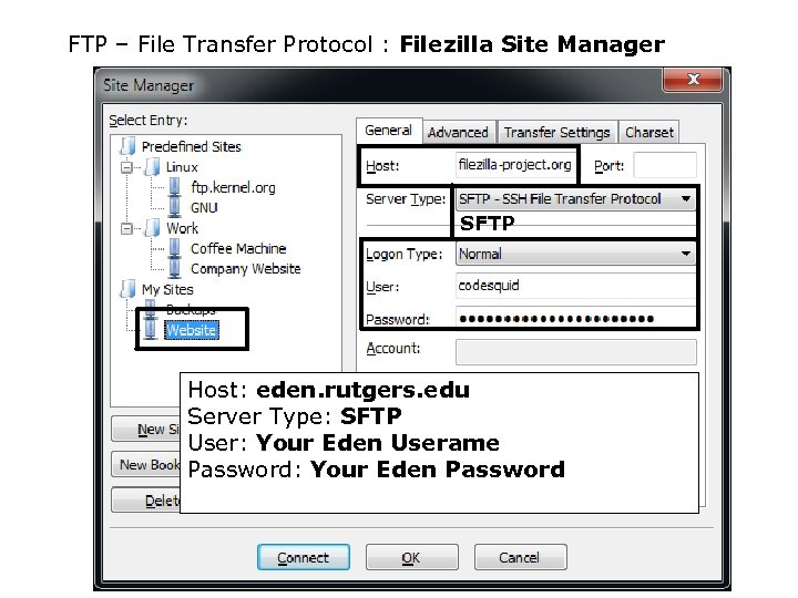 FTP – File Transfer Protocol : Filezilla Site Manager SFTP Host: eden. rutgers. edu