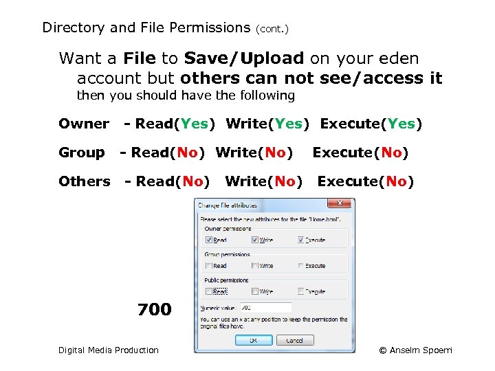 Directory and File Permissions (cont. ) Want a File to Save/Upload on your eden