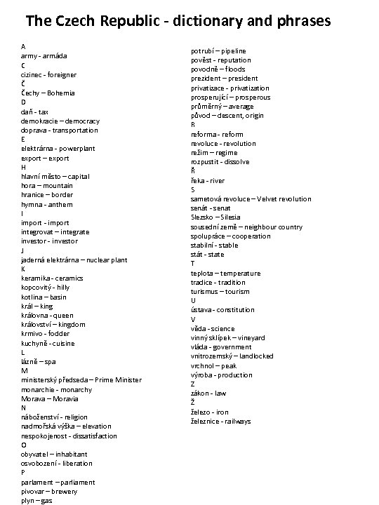 The Czech Republic - dictionary and phrases A army - armáda C cizinec -