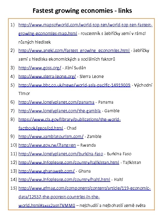 Fastest growing economies - links 1) http: //www. mapsofworld. com/world-top-ten-fastestgrowing-economies-map. html - rozcestník s