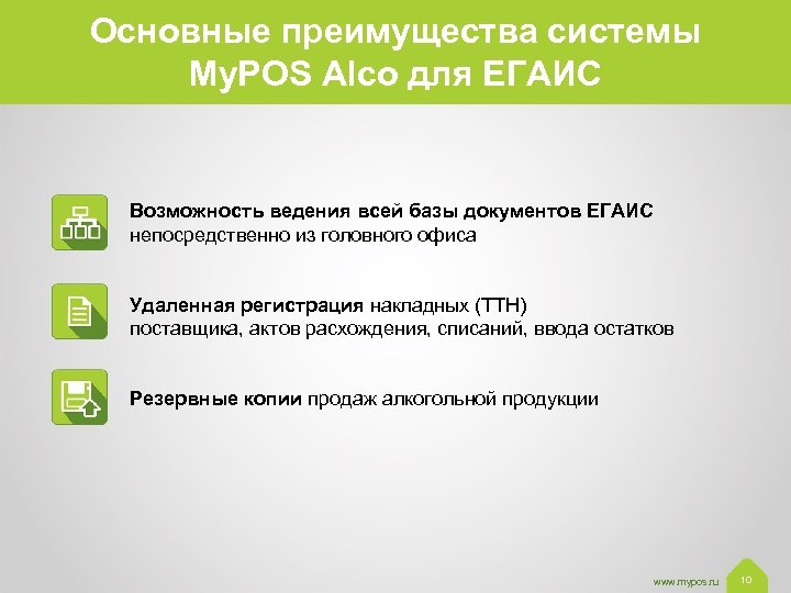 Основные преимущества системы My. POS Alco для ЕГАИС Возможность ведения всей базы документов ЕГАИС