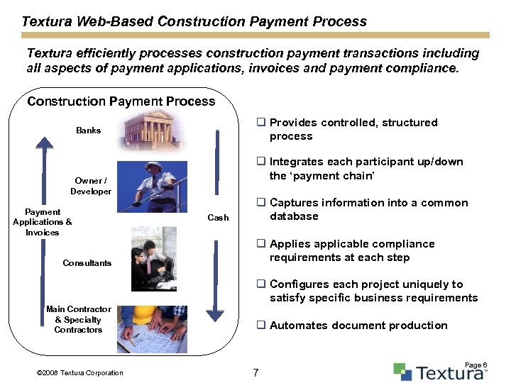 Textura Web-Based Construction Payment Process Textura efficiently processes construction payment transactions including all aspects