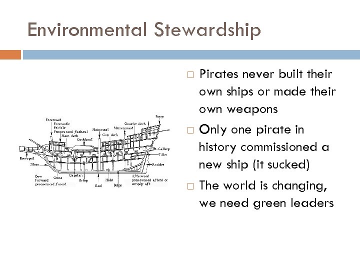 Environmental Stewardship Pirates never built their own ships or made their own weapons Only