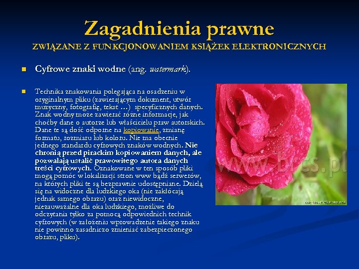 Zagadnienia prawne ZWIĄZANE Z FUNKCJONOWANIEM KSIĄŻEK ELEKTRONICZNYCH n Cyfrowe znaki wodne (ang. watermark). n
