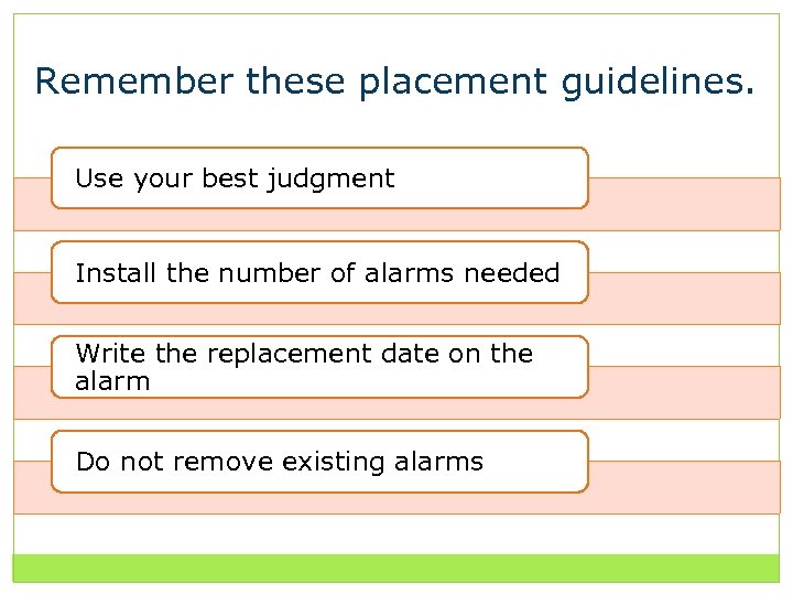 Remember these placement guidelines. Use your best judgment Install the number of alarms needed