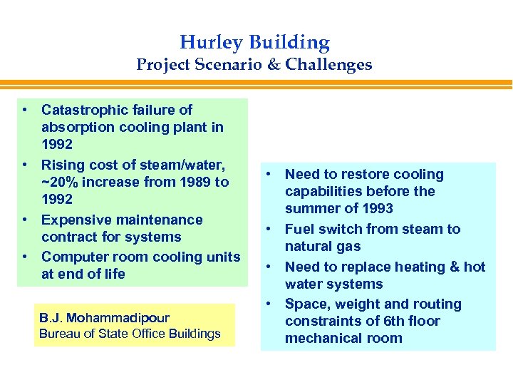 Hurley Building Project Scenario & Challenges • Catastrophic failure of absorption cooling plant in