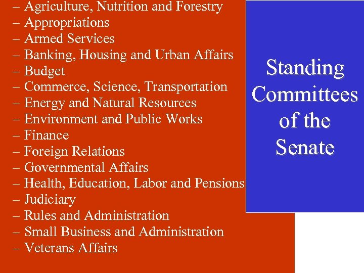 – Agriculture, Nutrition and Forestry – Appropriations – Armed Services – Banking, Housing and