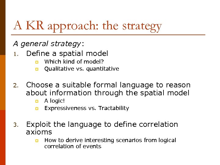 A KR approach: the strategy A general strategy: 1. Define a spatial model p