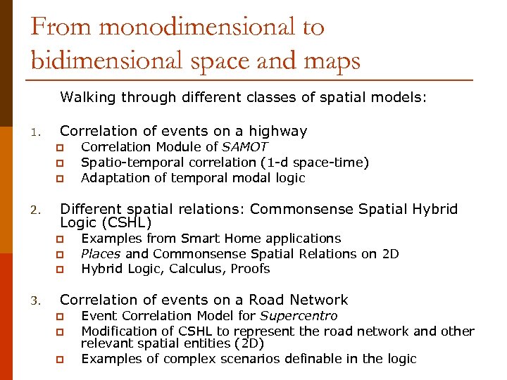 From monodimensional to bidimensional space and maps Walking through different classes of spatial models: