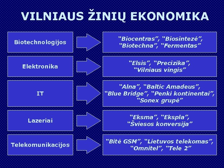 VILNIAUS ŽINIŲ EKONOMIKA Biotechnologijos “Biocentras”, “Biosintezė”, “Biotechna”, “Fermentas” Elektronika “Elsis”, “Precizika”, “Vilniaus vingis” IT