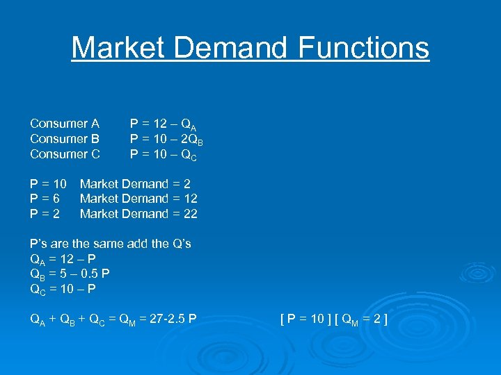 Market Demand Functions Consumer A P = 12 – QA Consumer B P =