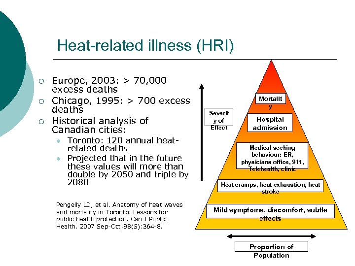 Heat-related illness (HRI) ¡ ¡ ¡ Europe, 2003: > 70, 000 excess deaths Chicago,