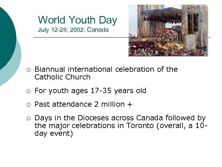 World Youth Day July 12 -28, 2002: Canada ¡ Biannual international celebration of the