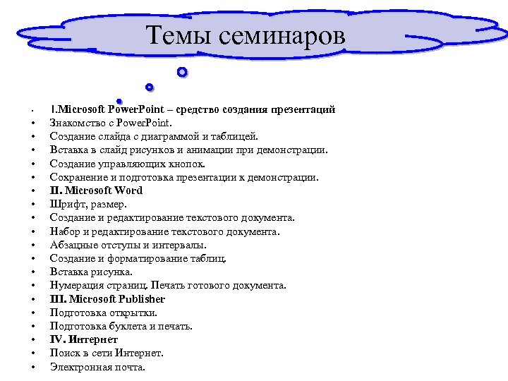Темы семинаров • • • • • I. Microsoft Power. Point – средство создания